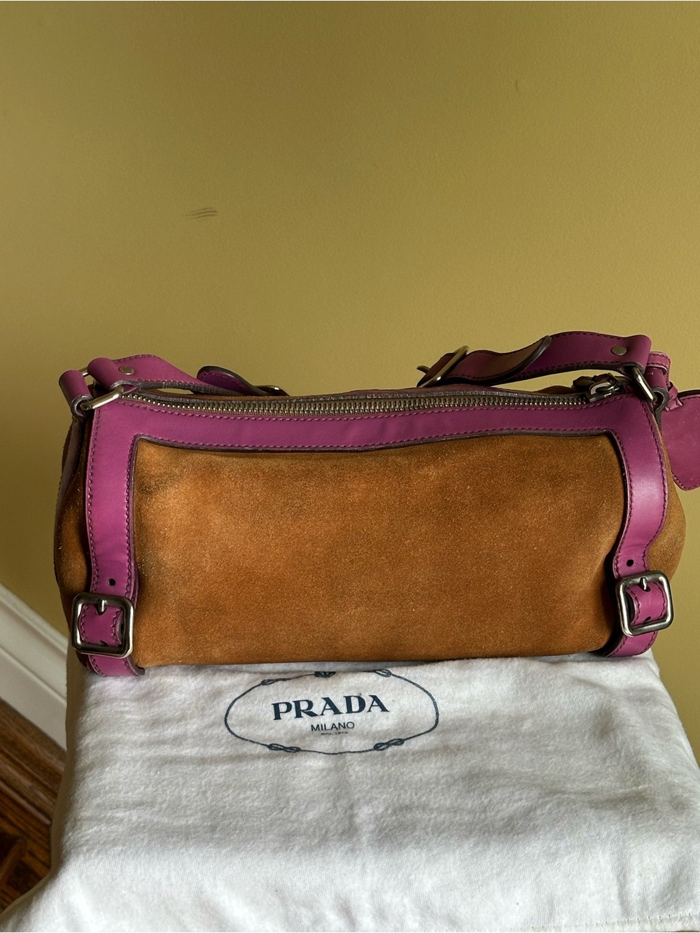 Prada Brown Suede Pink Leather Barrel Bag - Picture 5 of 17